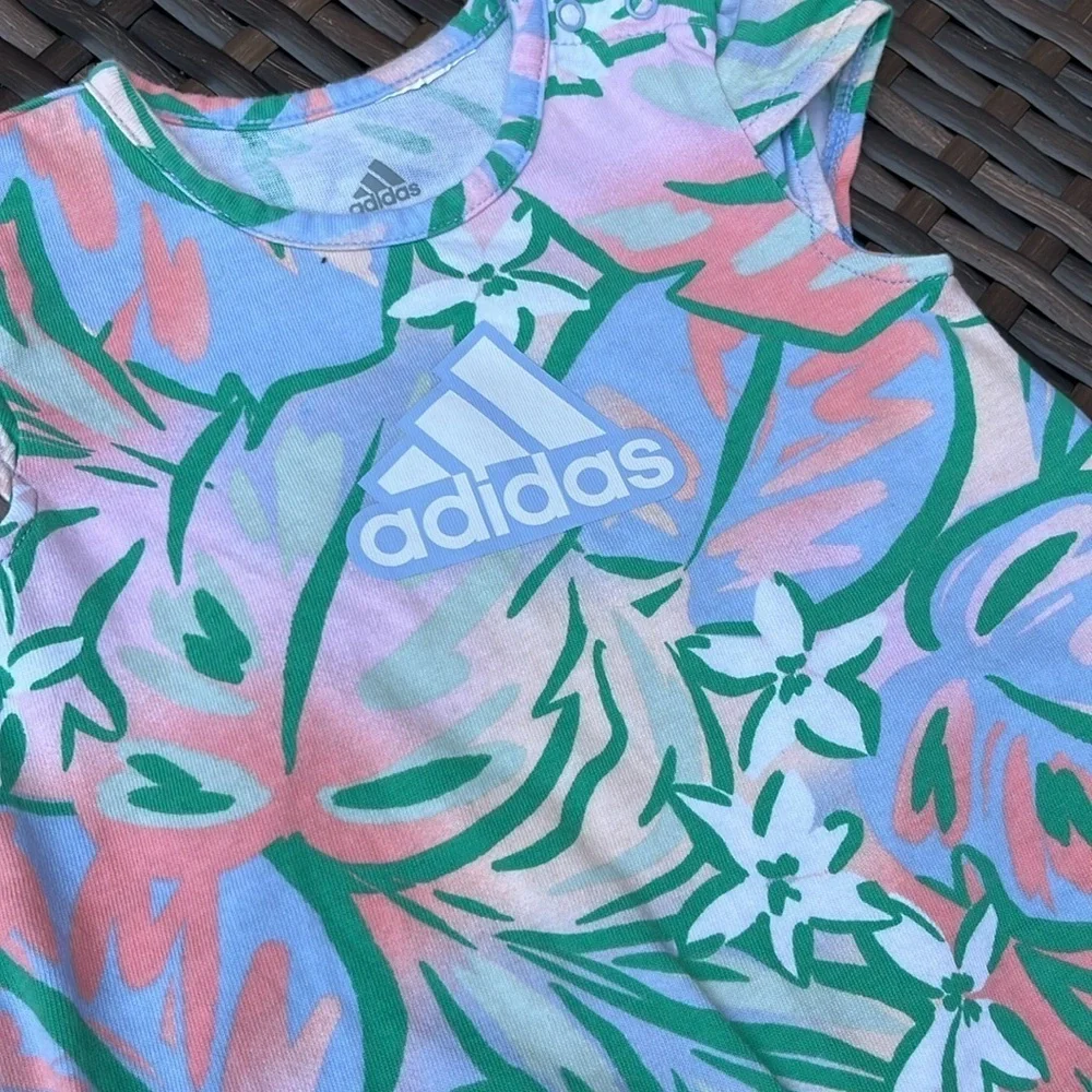 ADIDAS Infant Girls 3mo Logo Romper Short Sleeve Pastel Jungle Floral Cotton EUC